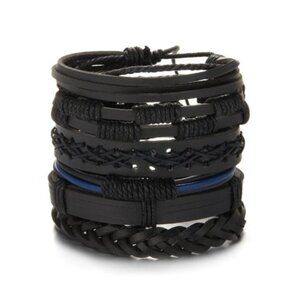 Men's Genuine Leather Black & Blue Braid Bracelet Set